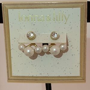 lonna & lilly Gold Pearl and Crystal Mini Hoop Stud Set